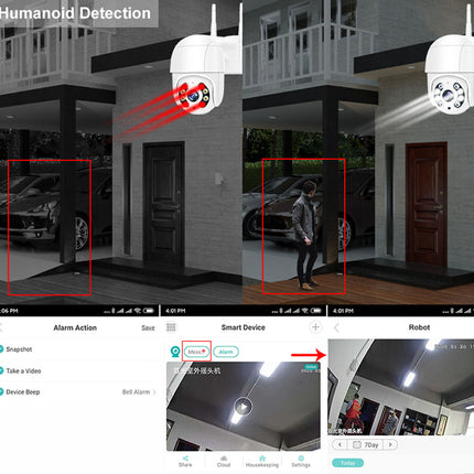 A promotional graphic for a humanoid robot security camera, showing two side-by-side screenshots of a house exterior with the camera mounted on the roof. The left screenshot shows a car and a person walking in front of the house, with red bounding boxes highlighting the camera's detection zones.