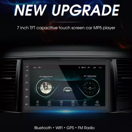 7-inch TFT capacitive touch screen car MP5 player with Bluetooth, WiFi, GPS, and FM Radio features.