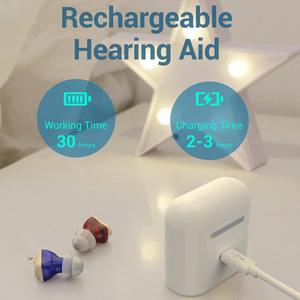 Rechargeable hearing aid with charging cable on a white surface, with text indicating working and charging times.