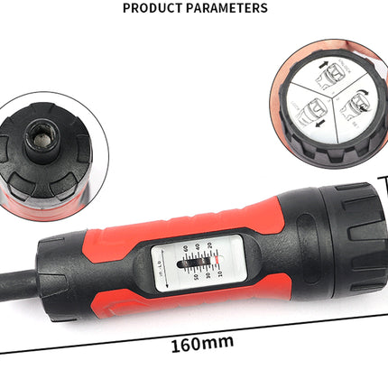 A handheld red and black measuring tool shown on a white background with dimension labels reading 160mm length and 40mm head diameter, plus two circular inset close-ups of the top and front details. Text at the top reads 'PRODUCT PARAMETERS'.