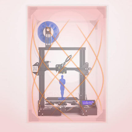 3D printer in a pink box with geometric design on a light pink background
