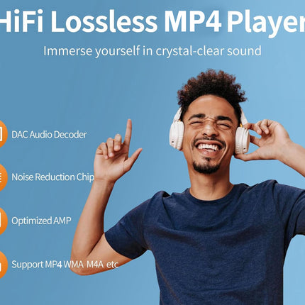 Man wearing headphones with text about HiFi Lossless MP4 Player on a blue background