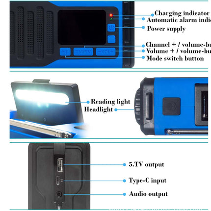 A product feature diagram showing a blue and black handheld electronic device from multiple angles with labeled callouts for buttons, charging indicator, power supply, reading light, 5TV output, Type-C input, and audio output.