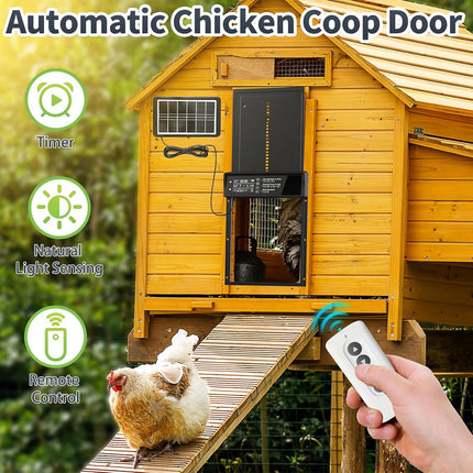 Automatic chicken coop door with remote control and timer features, set against a natural background.