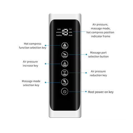 Control panel of a massage device with labeled buttons on a white background