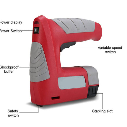 A red and gray cordless nail gun shown on a white background with multiple black callout lines and labels identifying features such as the power display, power switch, shockproof buffer, safety switch, variable speed switch, and stapling slot.