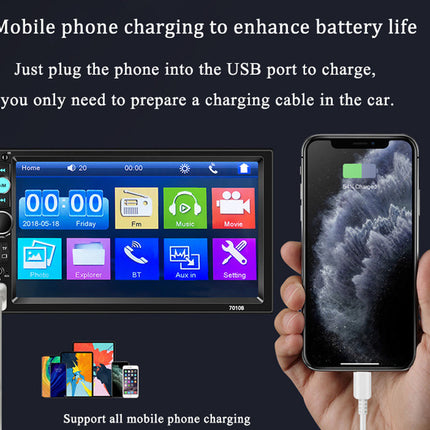 Car multimedia system with smartphone charging cable on a black background