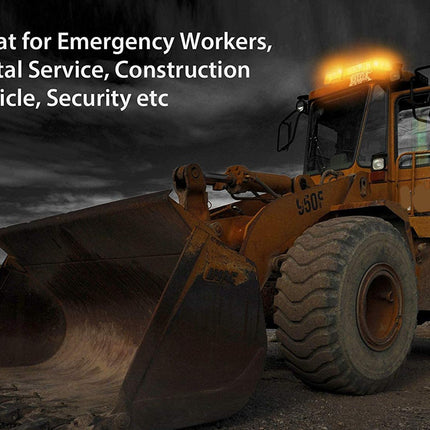 Construction vehicle with a warning light on a dark background, text about its use for emergency workers and security.