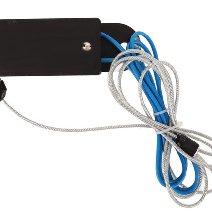 Electronic device with black casing, blue and white cables on a white background