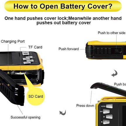 Instructions on how to open a battery cover with diagram and text