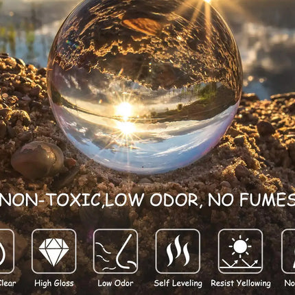 Crystal ball on a natural surface with text about product features.