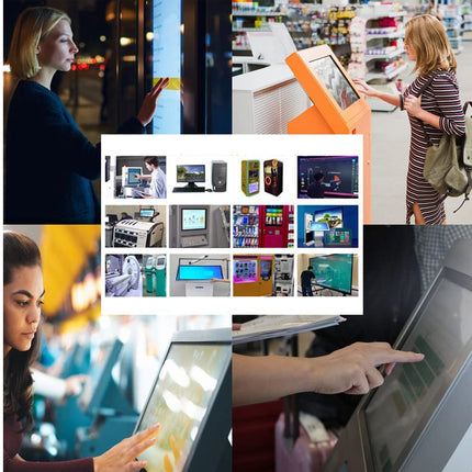 A collage of multiple photos showing people interacting with touchscreen kiosks and digital terminals in retail, airport, and service settings. A central white inset contains small thumbnails of different kiosks and screens.