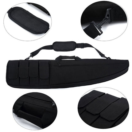 Black gun case with detailed views of its features on a white background
