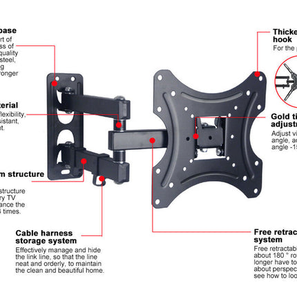 TV wall mount with features highlighted on a white background