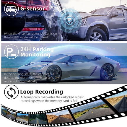 Car security system with G-sensor, 24-hour parking monitoring, and loop recording features.