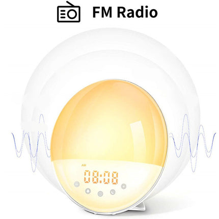 A spherical FM Radio alarm clock lamp with a glowing warm yellow-orange dome, digital time display reading 00:00, and blue sound wave graphics on a white background. The text 'FM Radio' appears at the top.