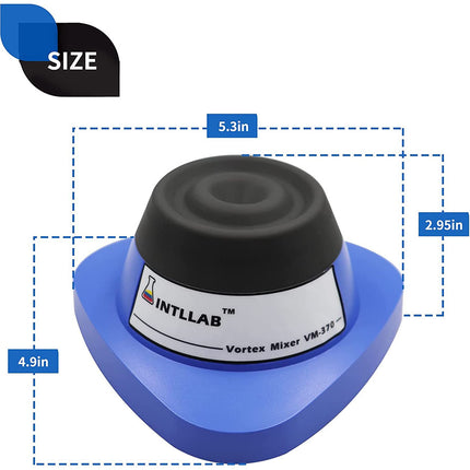 Vortex mixer with dimensions labeled on a white background