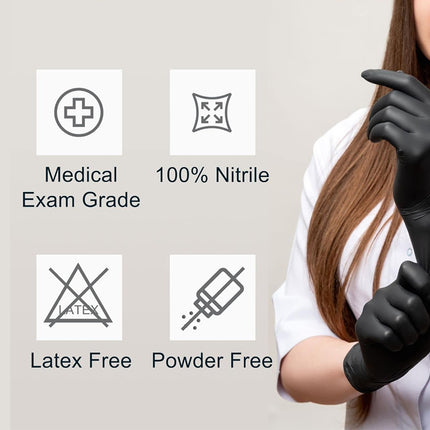 Person wearing black nitrile gloves with product features displayed on a light gray background