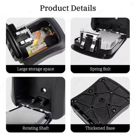 Product details infographic showing four close-up views of a black cylindrical mechanical component labeled 'Large storage space,' 'Spring Bolt,' 'Rotating Shaft,' and 'Thickened Base' on a white background under the heading 'Product Details.'.