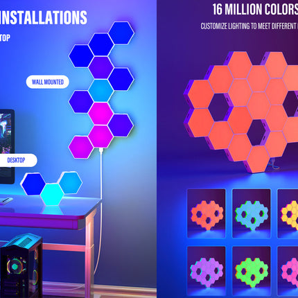 Hexagon wall and desktop lighting set shown in a styled room scene on the left, with glowing hex tiles mounted on a wall and on a desk beside a monitor. The right side shows the hex tiles as a larger cluster and includes text reading '16 MILLION COLORS' and small color sample tiles.