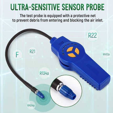 Blue ultra-sensitive sensor probe with a black cable and yellow accent button, shown on a light green graphic background with labeled parts and descriptive text.