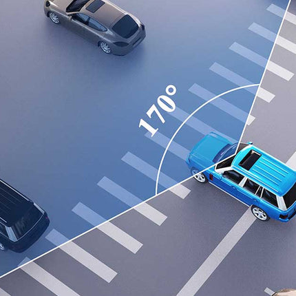 Blue car with a 170-degree view on a road intersection