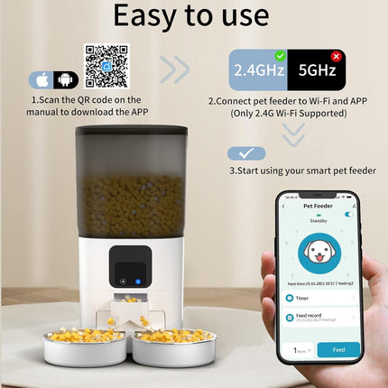 Smart pet feeder with QR code for app download and smartphone app interface.