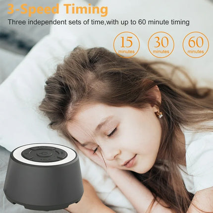 Woman lying in bed with a black and white device next to her, featuring timing options.