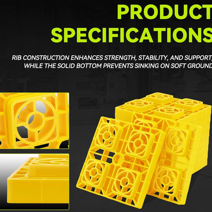 Yellow plastic modular stacking blocks shown with product specifications text on a black background, including close-up inset views of the ribbed interior and solid bottom design.