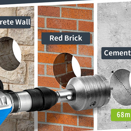 Drill bit with different drill bits for concrete, red brick, and cement wall on a wall background.