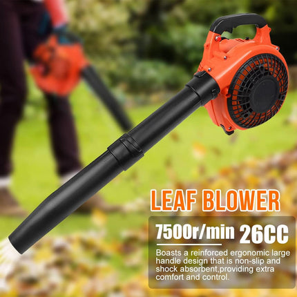 Leaf blower with text on a blurred background of a person using it