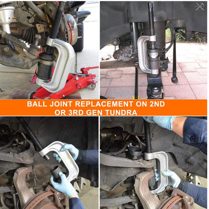 Step-by-step process of ball joint replacement on a vehicle, with text indicating model compatibility.