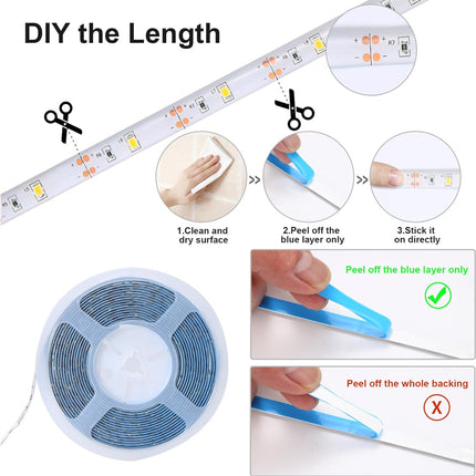 Instructions for using LED strip lights with images of tools and steps.
