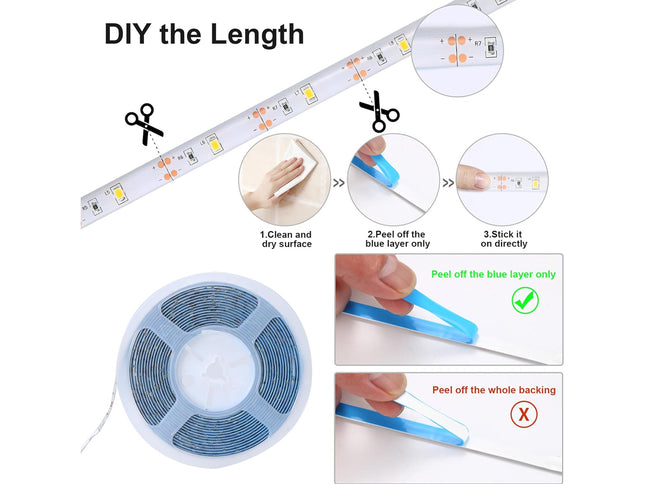 Instructions for using LED strip lights with images of tools and steps.