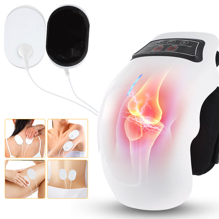 White and black TENS unit knee massage device with attached electrode pads, shown on a white background with an internal knee illustration and four inset demonstration photos on the body.