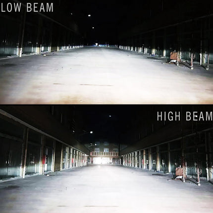 Comparison of low beam and high beam headlights on a dark road.