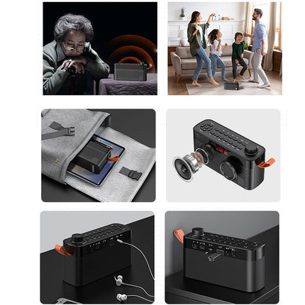 A six-panel collage showing a black rectangular electronic device with a small lens-like attachment and orange-red handle accents. Panels include a man using it, a family using it in a living room, the device inside a gray pouch, a close-up of the device, and the device charging with earbuds connected.