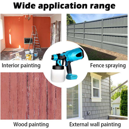 A promotional graphic with the headline 'Wide application range' and four example photos showing a paint spray gun in use for interior painting, fence spraying, wood painting, and external wall painting. A blue-and-black spray gun is centered over a white circle.