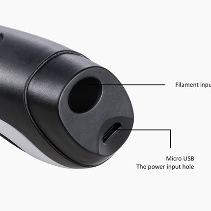 Close-up of a black handheld device showing the filament input hole and Micro USB power input hole with callout lines on a light gray background.