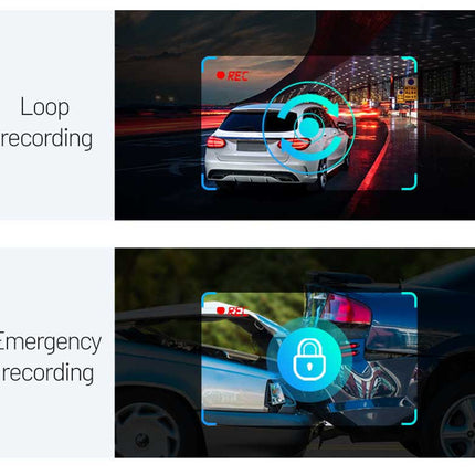 Two video clips showing loop recording and emergency recording features of a vehicle's security system.