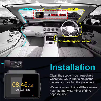 Car dashboard with camera installation guide and clock display.