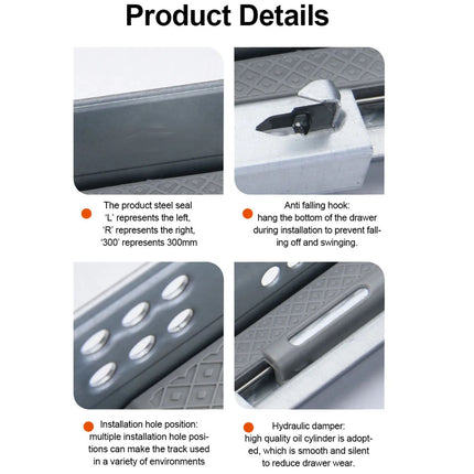 Product details of a drawer guide system with text and images on a white background