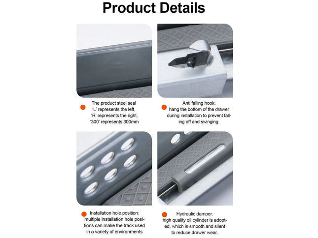 Product details of a drawer guide system with text and images on a white background