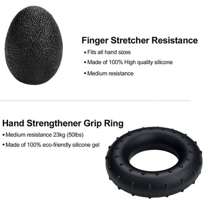 Finger stretcher resistance ball and hand strengthener grip ring on a white background