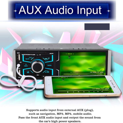 Car stereo system with smartphone displaying music on a colorful background, highlighting AUX audio input feature.