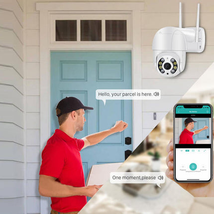 A smart security camera system shown in a lifestyle context with a delivery person at a blue front door and a hand holding a smartphone displaying the app interface.