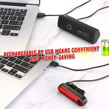 USB rechargeable device connected to a laptop with text highlighting convenience and cost-saving.