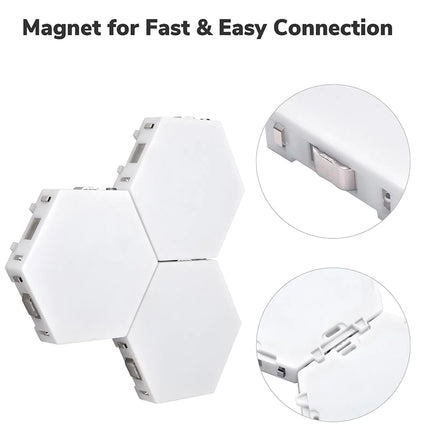 Hexagonal white light fixture with magnet connection feature on a white background
