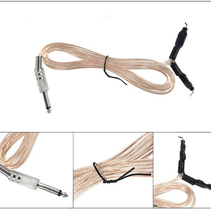 A coiled audio cable with a silver 1/4-inch jack connector on one end and a black Y-shaped split connector on the other, shown on a white background with three smaller detail panels.