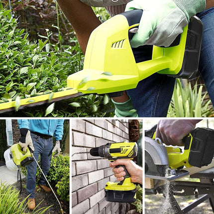 A collage showing a cordless green and black power tool in use: a hedge trimmer, a drill, and a circular saw. A person is visible in each panel, and the tools are shown outdoors on grass, a brick wall, and a workbench.